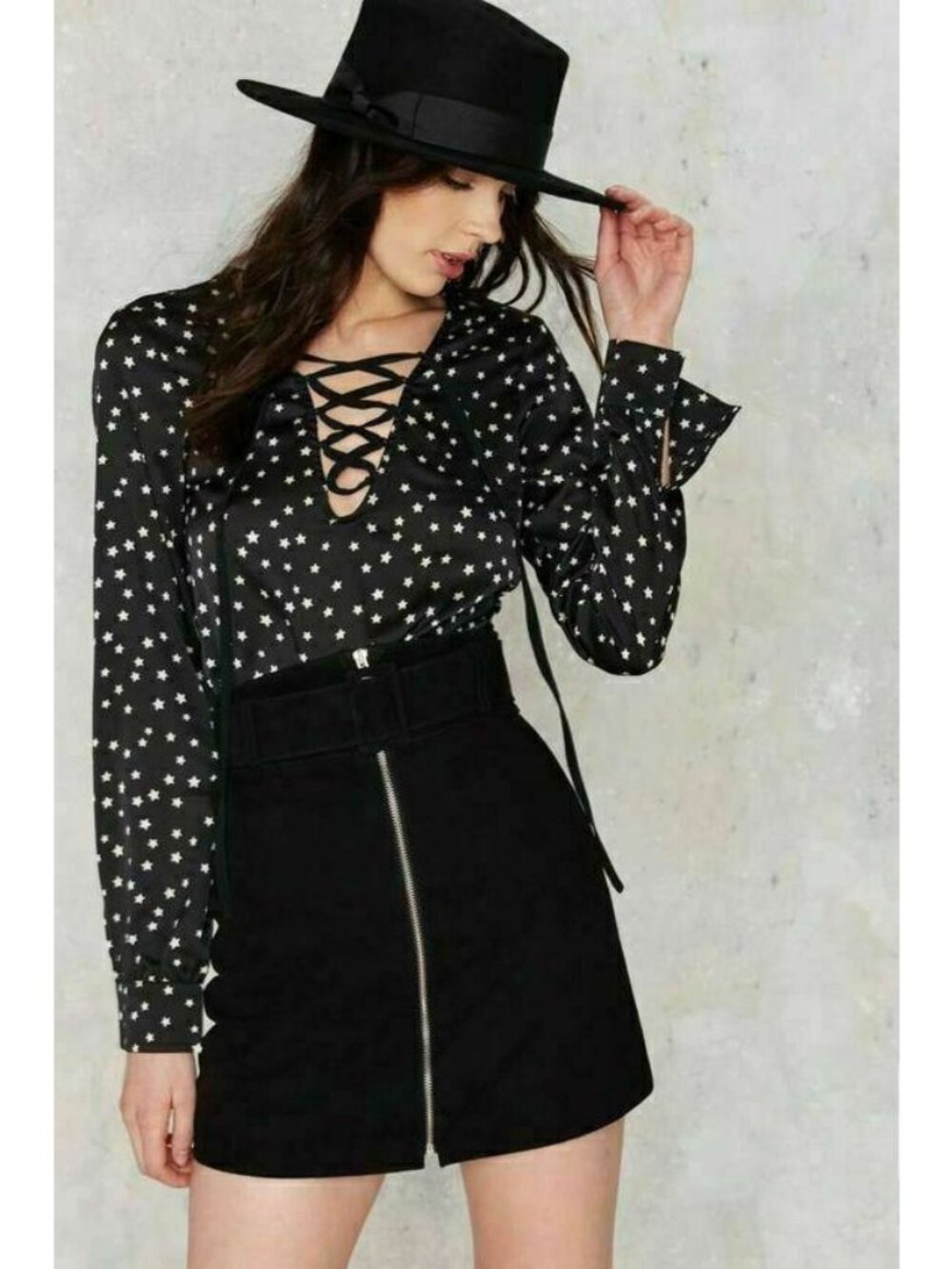 Nasty Gal One Night Only Lace Up Star Print Blouse Small